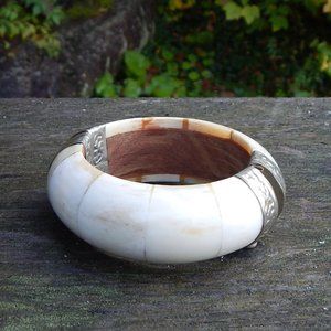 Bracelet, bone, silver and wood, African, closure, size 7.5